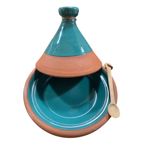 Verve Culture Handcrafted Clay Tagine for Two 9" Tall 11" Diameter Teal Moroccan - Picture 5 of 6
